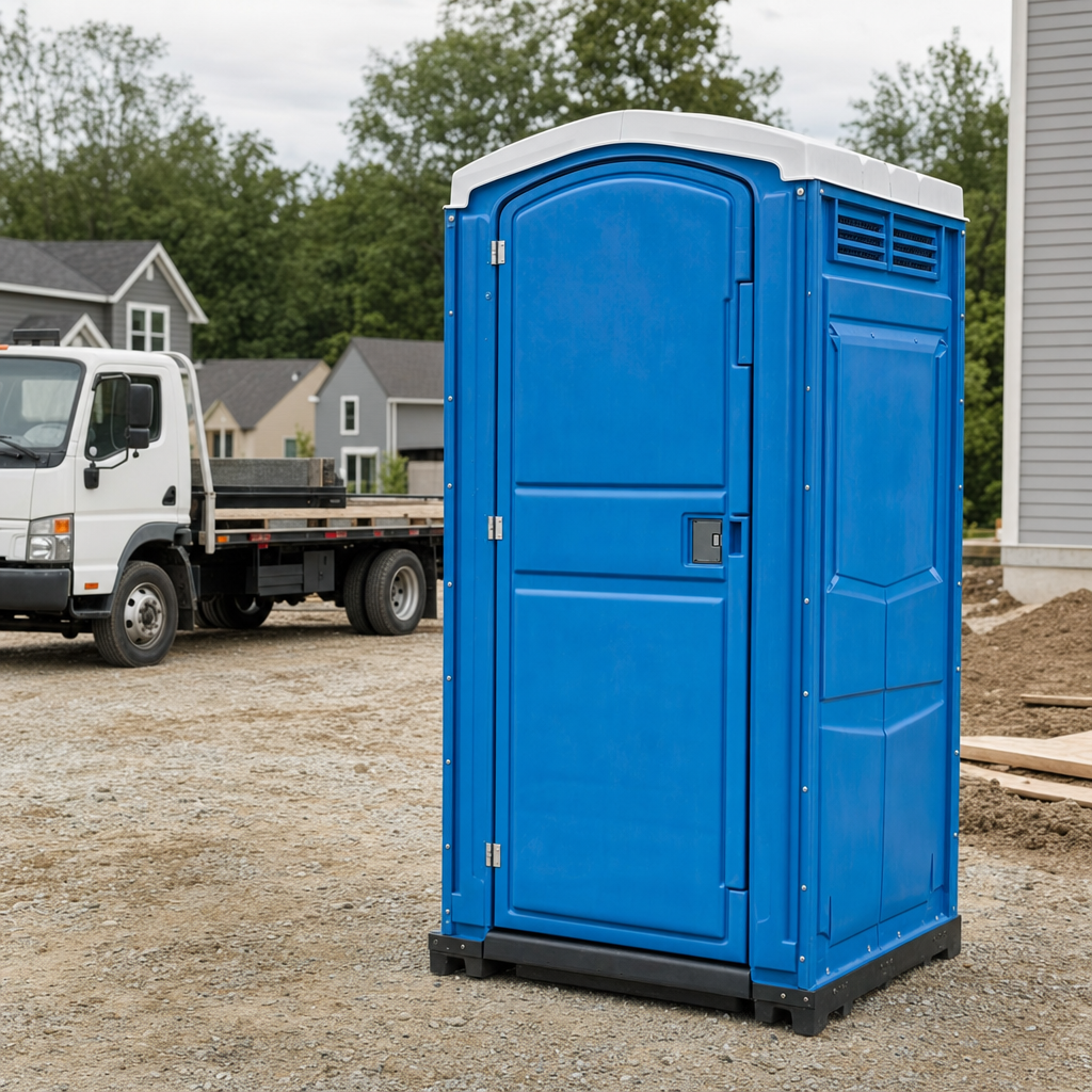 Delivery driver positioning a clean royal-blue portable toilet on level ground at a Lakewood worksite