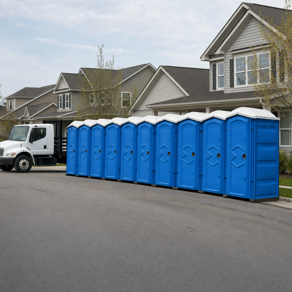 Royal blue portable toilets staged in a tidy row at a Lakewood jobsite, ready for delivery